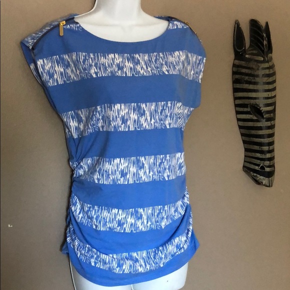 Michael Kors Blue/White blouse with Gold zippers - Picture 2 of 4